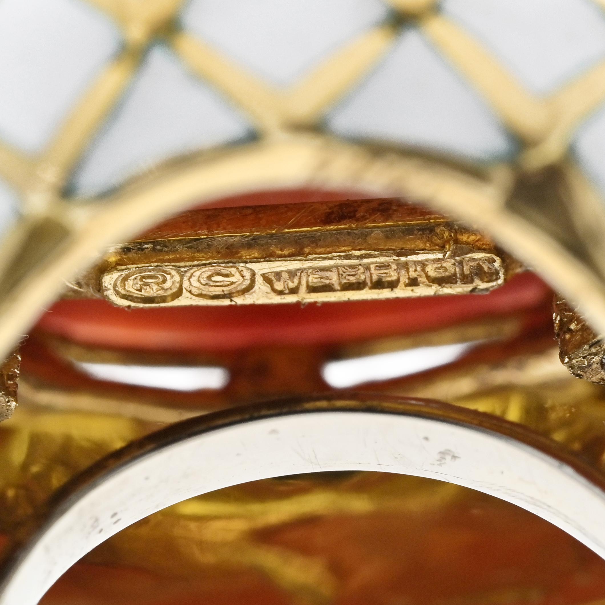 Women's David Webb Bombe Platinum & 18k Yellow Gold Carved Coral White Enamel Ring For Sale