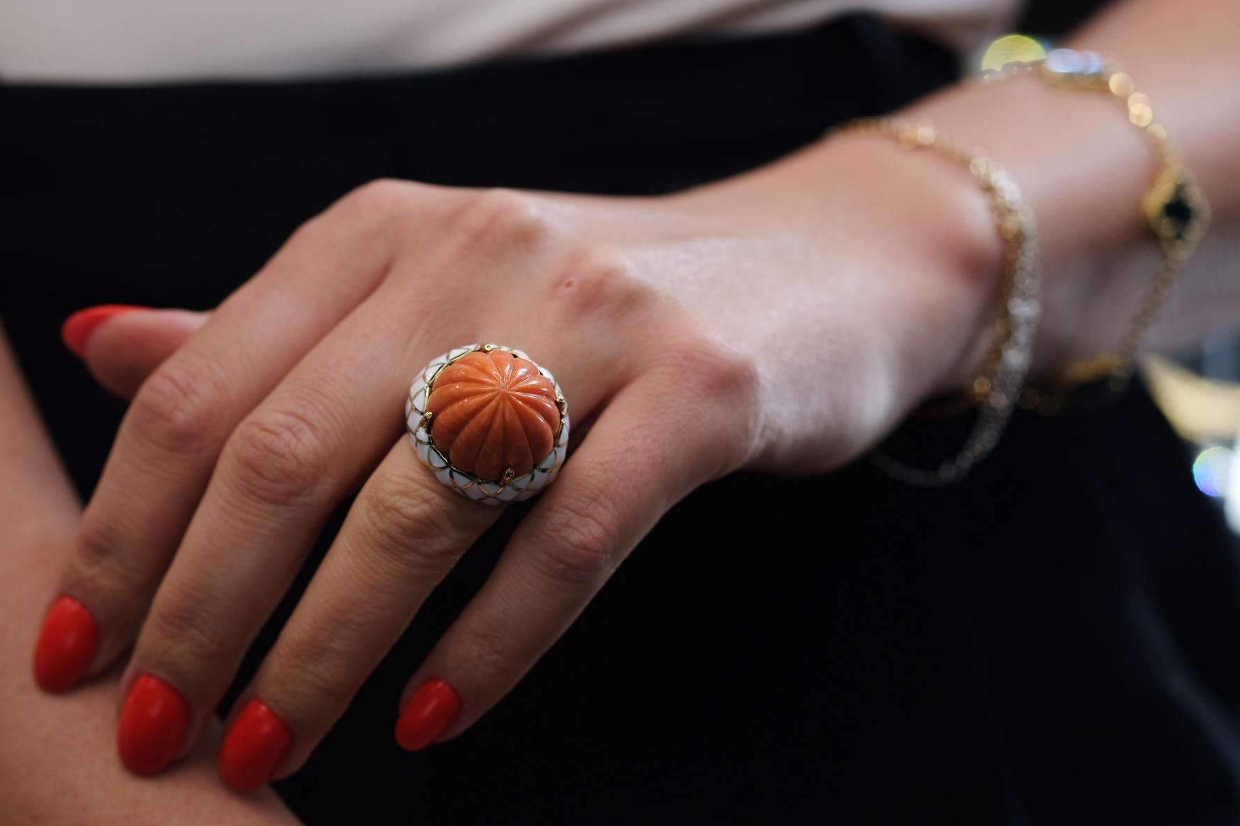 David Webb Bombe Platinum & 18k Yellow Gold Carved Coral White Enamel Ring For Sale 1