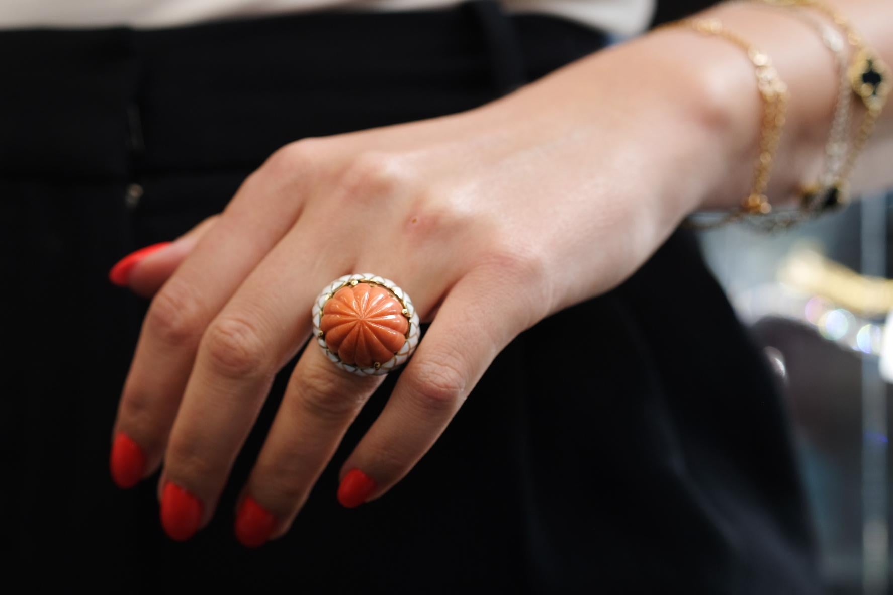 David Webb Bombe Platinum & 18k Yellow Gold Carved Coral White Enamel Ring For Sale 3