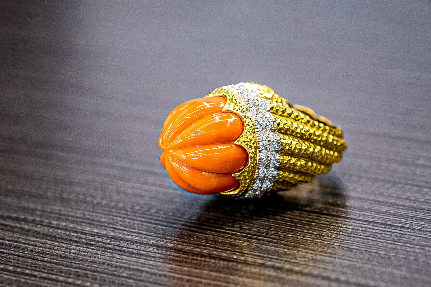 David Webb Bombe Platinum & 18k Yellow Gold Fluted Coral Ring For Sale 4