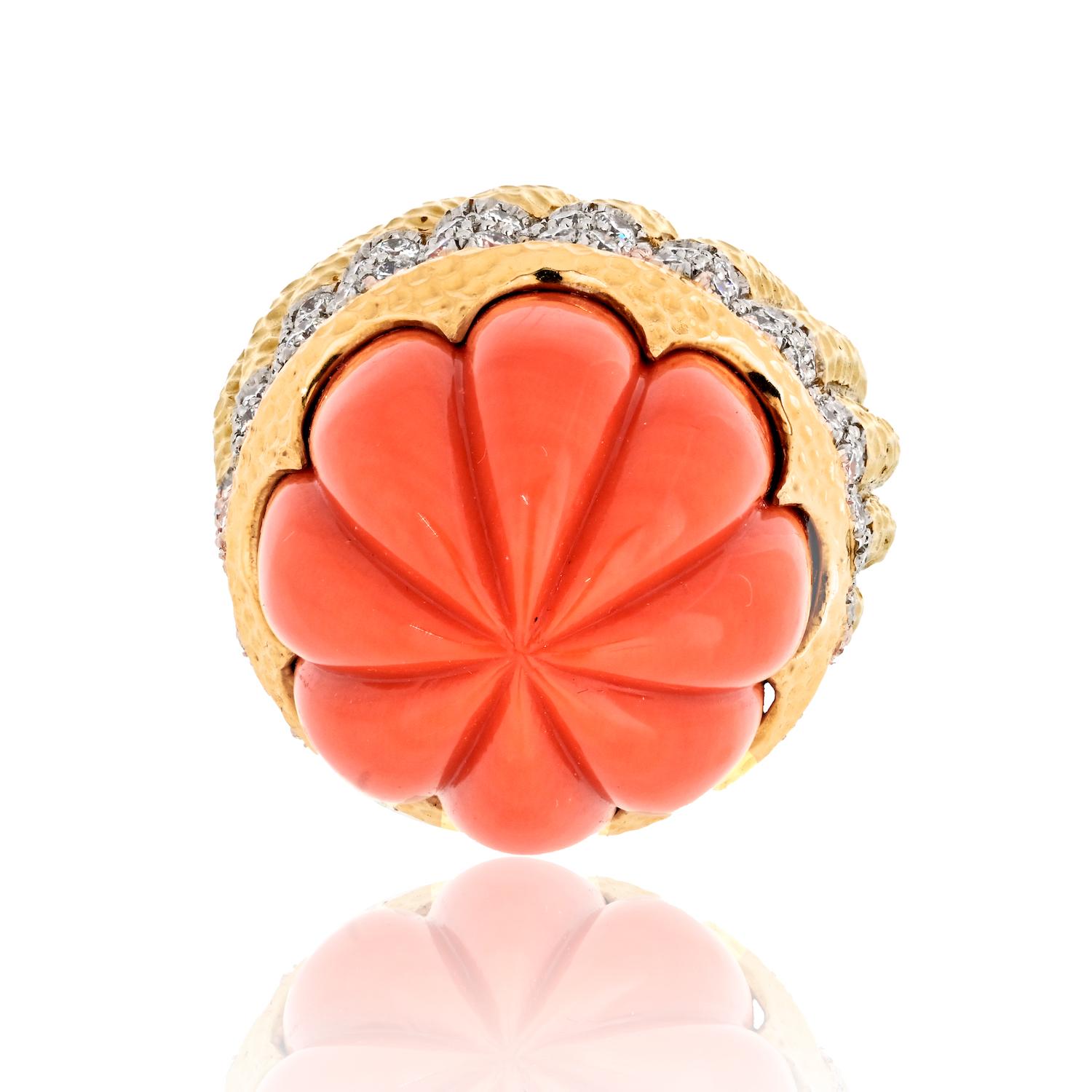 Modern David Webb Bombe Platinum & 18k Yellow Gold Fluted Coral Ring For Sale