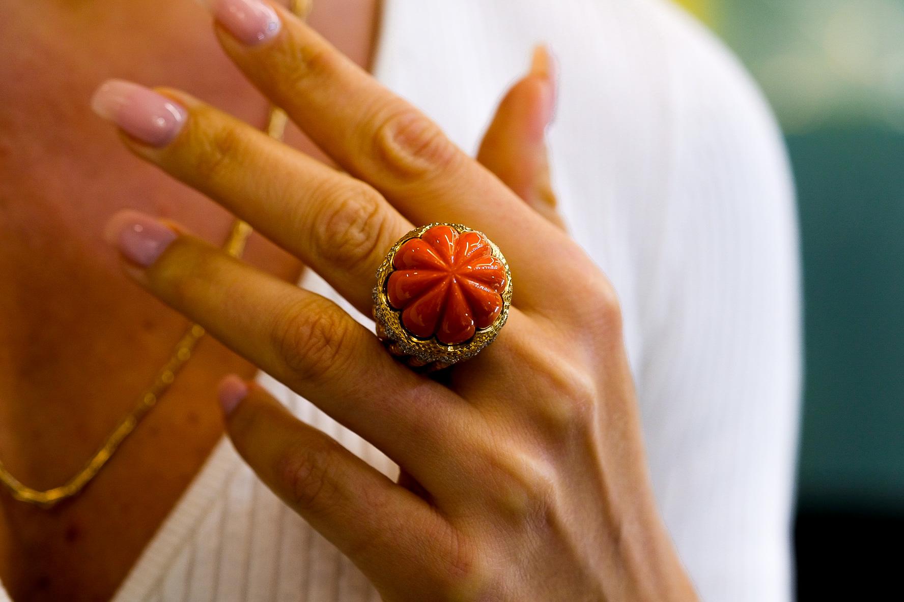 David Webb Bombe Platinum & 18k Yellow Gold Fluted Coral Ring For Sale 2