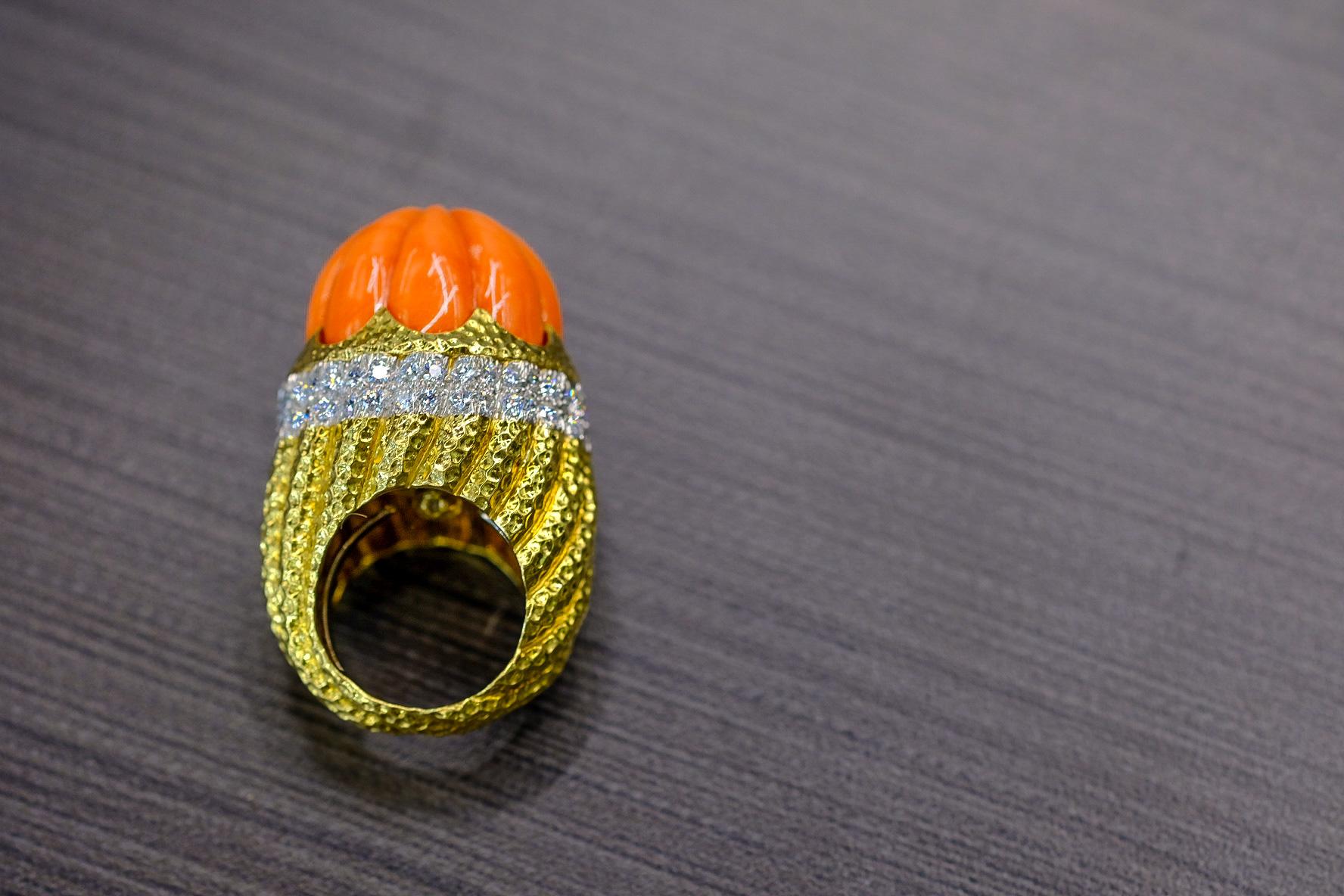 David Webb Bombe Platinum & 18k Yellow Gold Fluted Coral Ring For Sale 3