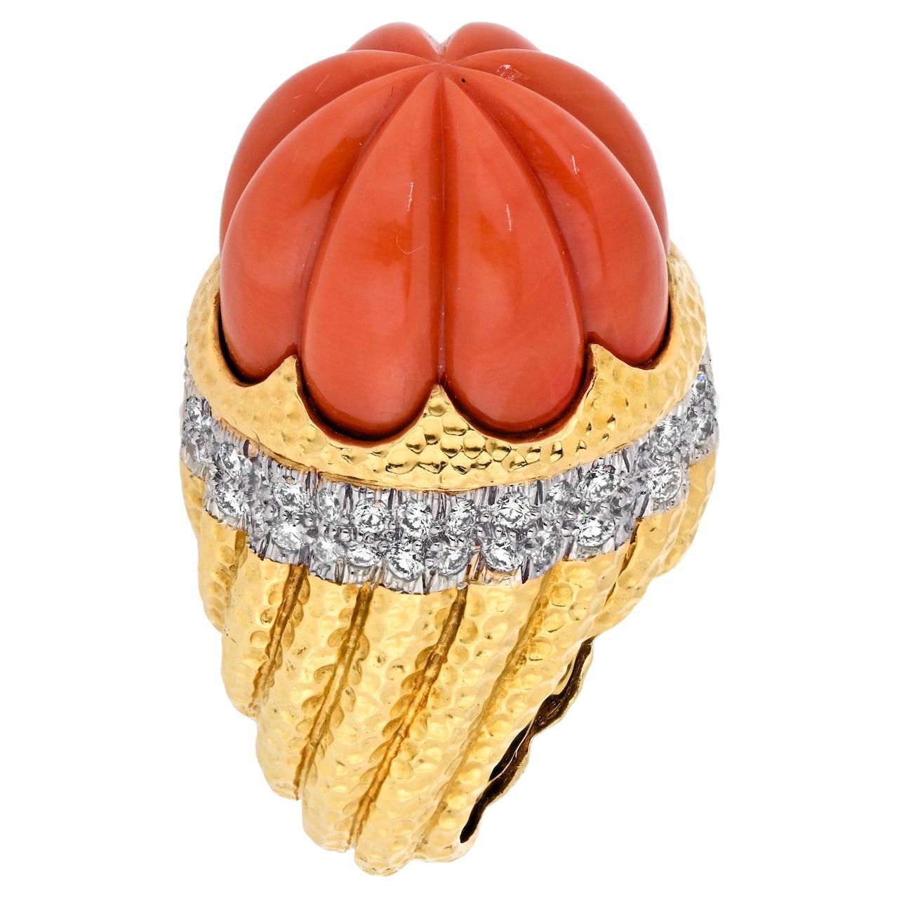 David Webb Bombe Platinum & 18k Yellow Gold Fluted Coral Ring For Sale