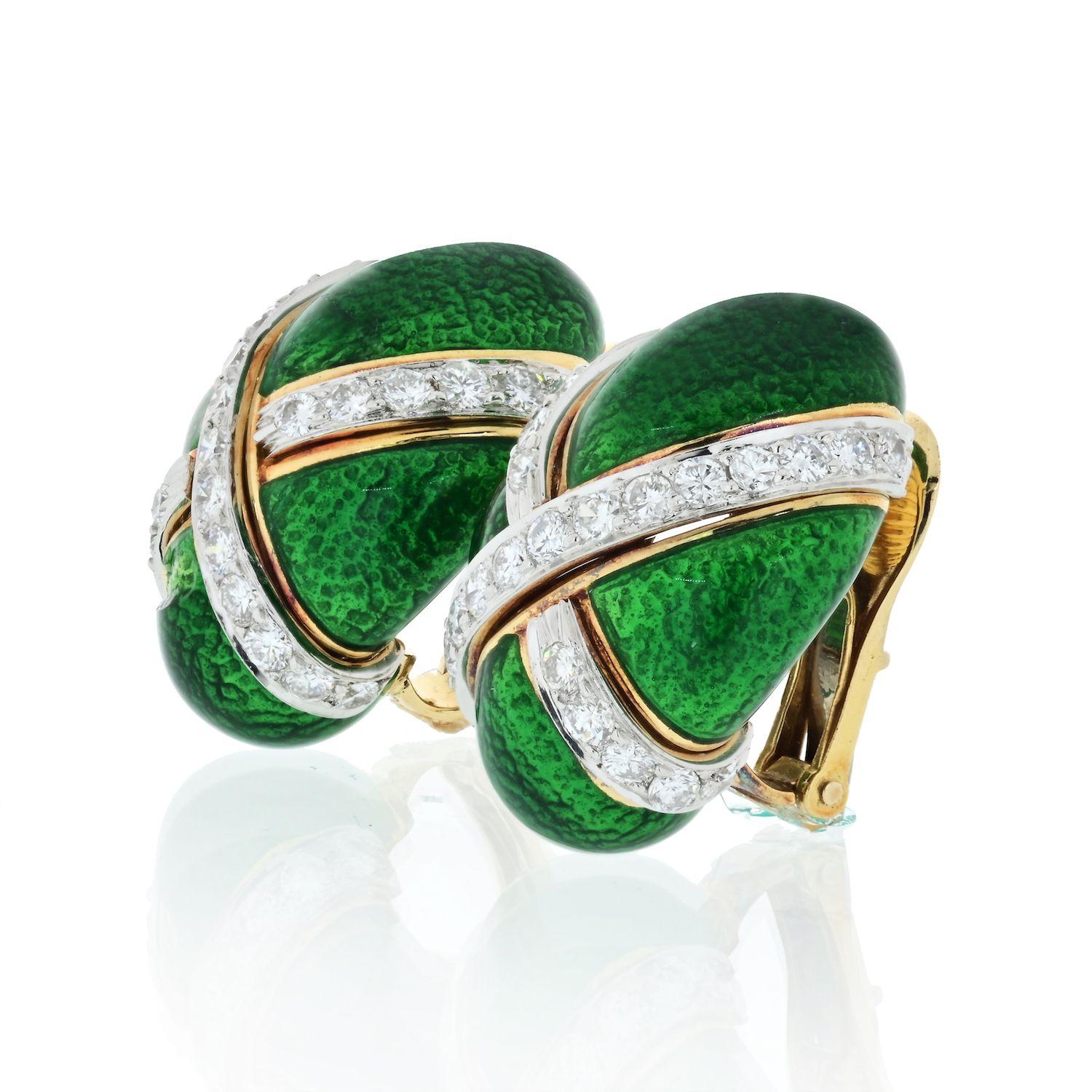 18 kt., the oval bombe earrings applied with green patterned enamel, divided by 52 platinum-set round diamonds approximately 2.10 cts., signed Webb, approximately 18.6 dwts.
