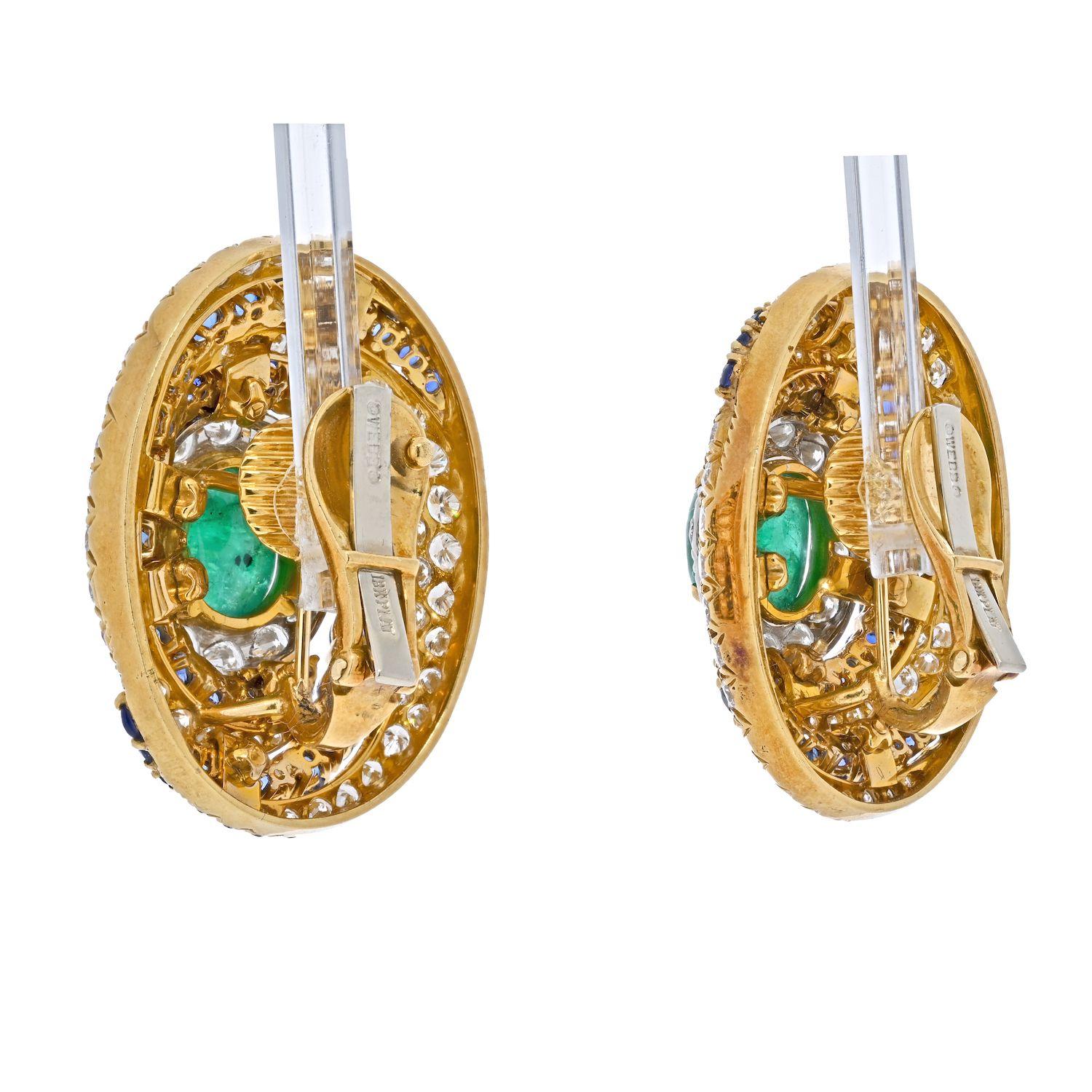 Modern David Webb Bombe Style Highly Decorated Diamond, Sapphire and Emerald Earrings For Sale