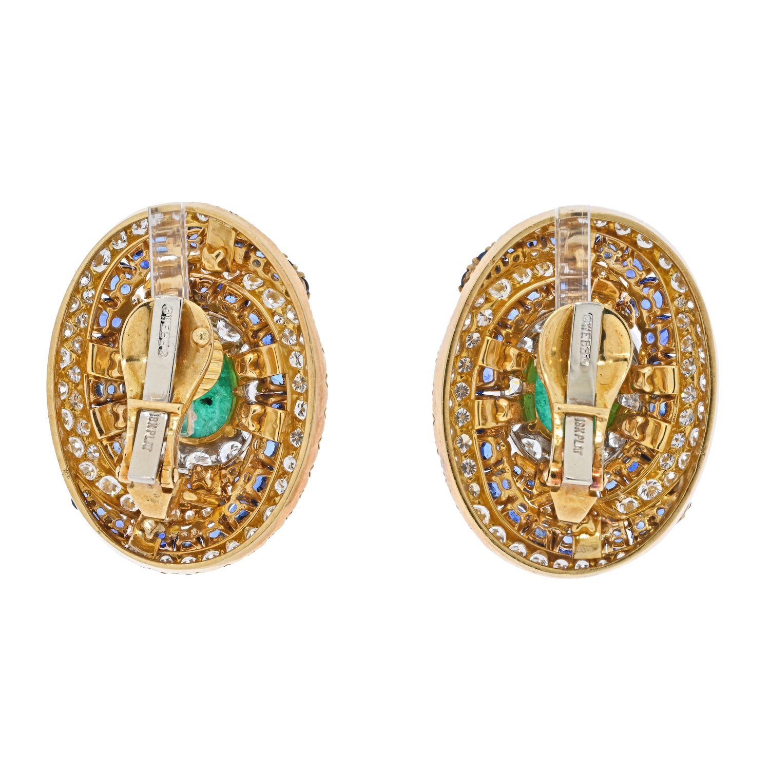 Oval Cut David Webb Bombe Style Highly Decorated Diamond, Sapphire and Emerald Earrings For Sale