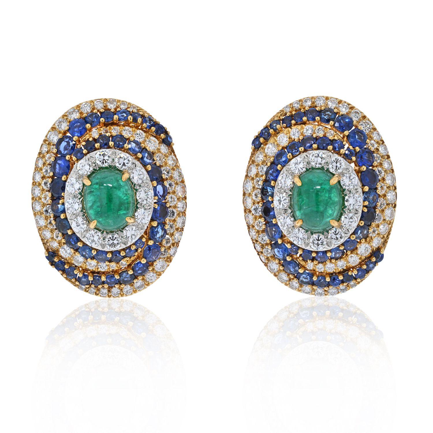 David Webb Bombe Style Highly Decorated Diamond, Sapphire and Emerald Earrings In Excellent Condition For Sale In New York, NY