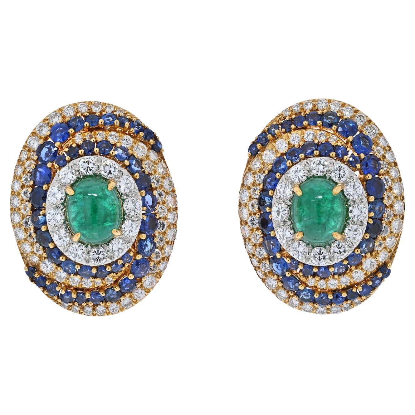 David Webb Bombe Style Highly Decorated Diamond, Sapphire and Emerald Earrings