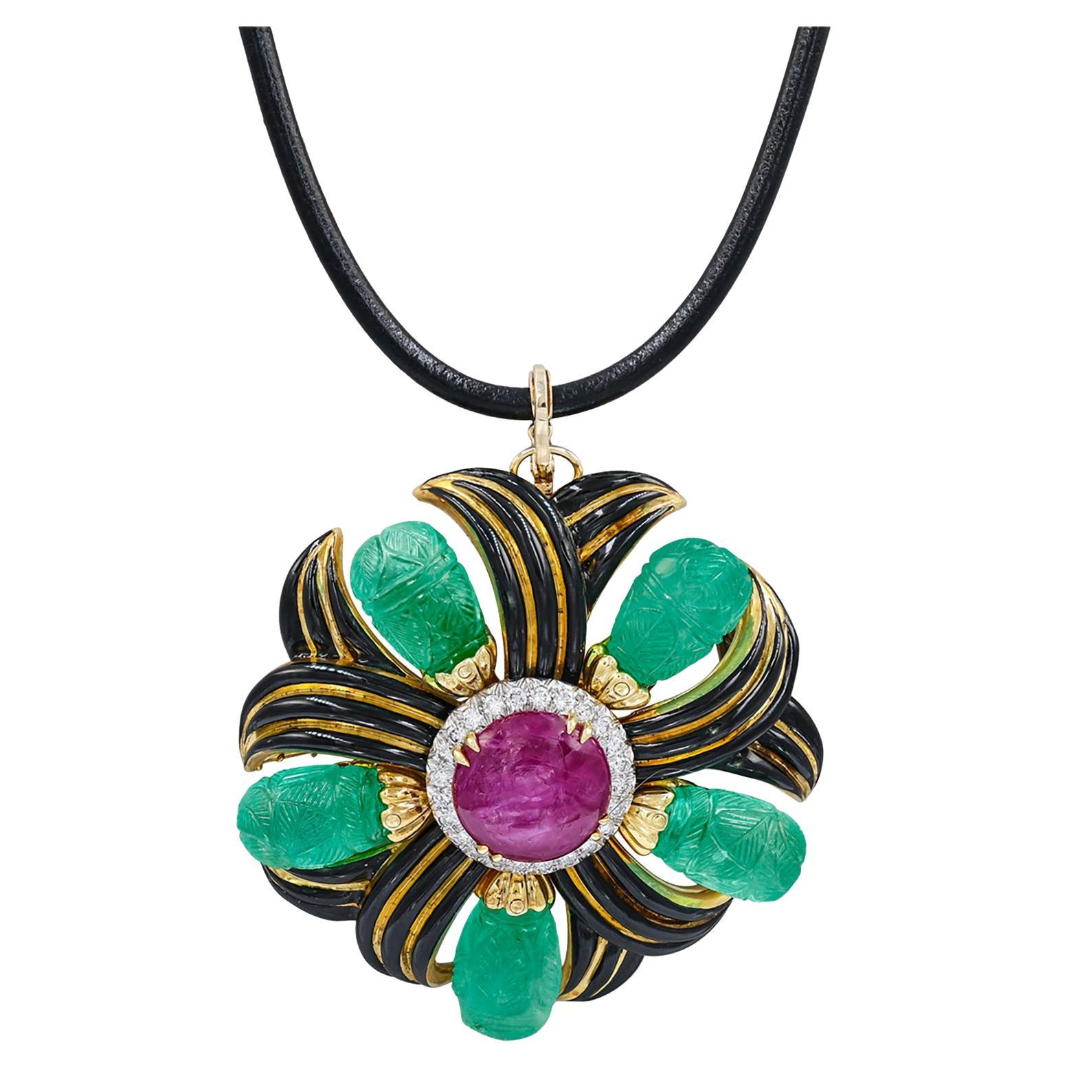 David Webb Burma Ruby Colombian Emerald Pendant Necklace For Sale