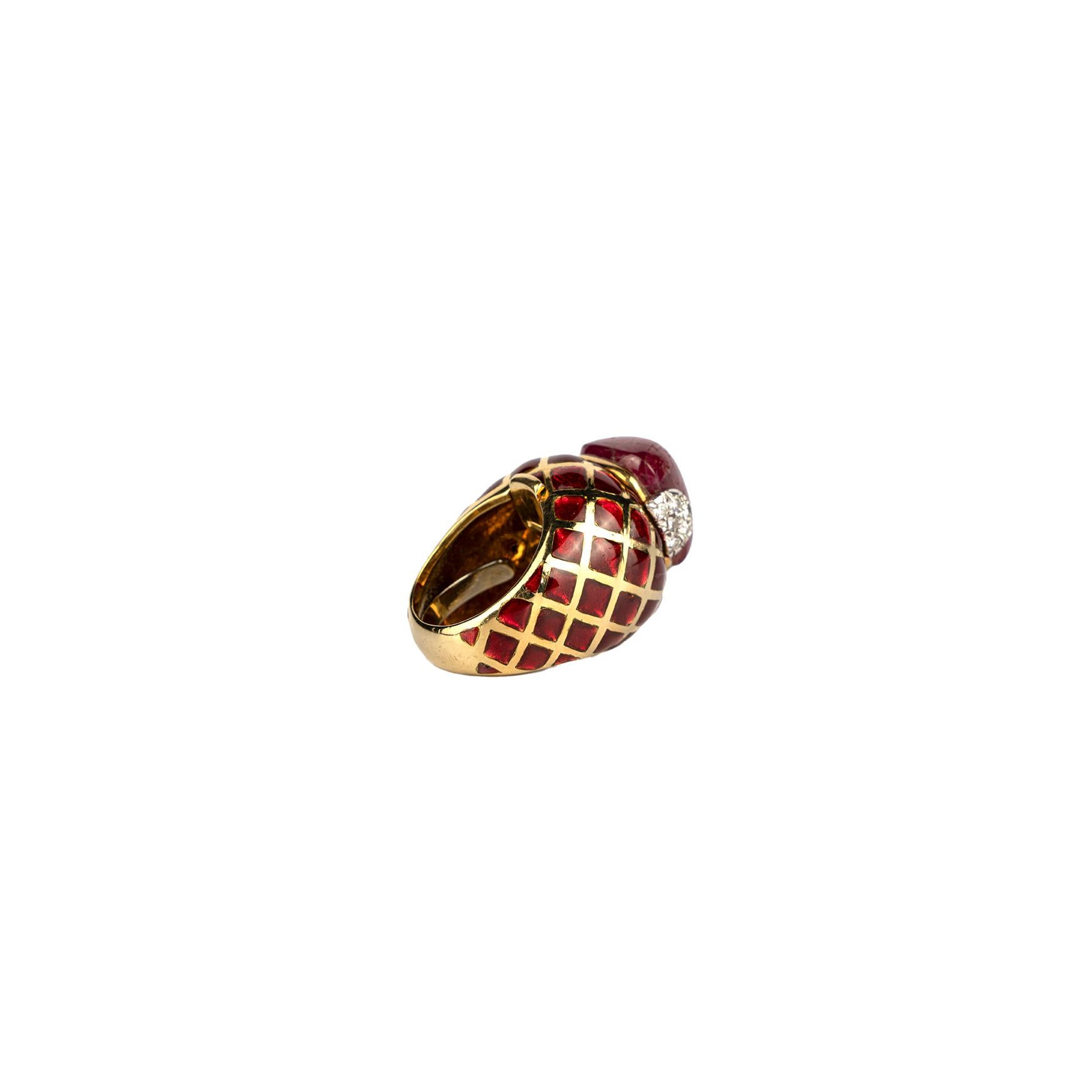 Women's David Webb Cabochon Burma Ruby and Diamond Red Enamel Ring in 18k Gold For Sale