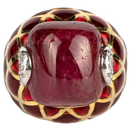 David Webb Cabochon Burma Ruby and Diamond Red Enamel Ring in 18k Gold For Sale