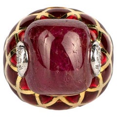 David Webb Cabochon Burma Ruby and Diamond Red Enamel Ring in 18k Gold