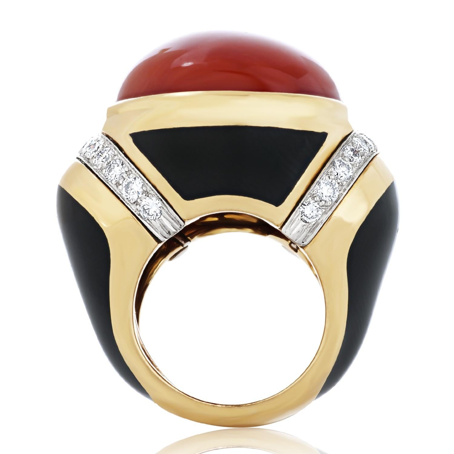 David Webb Cabochon Coral and Diamond Ring in 18 Karat Yellow Gold In Excellent Condition For Sale In Philadelphia, PA