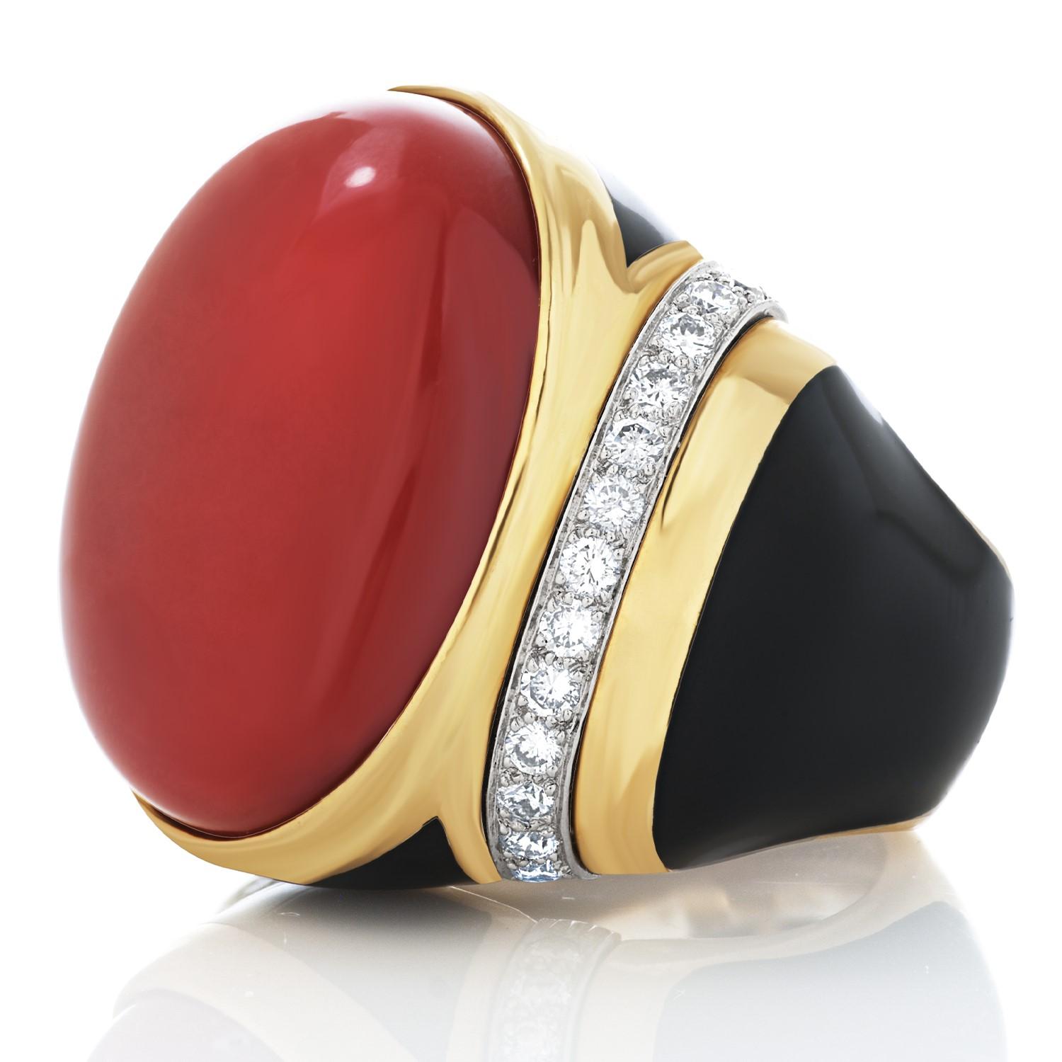 Women's David Webb Cabochon Coral and Diamond Ring in 18 Karat Yellow Gold For Sale
