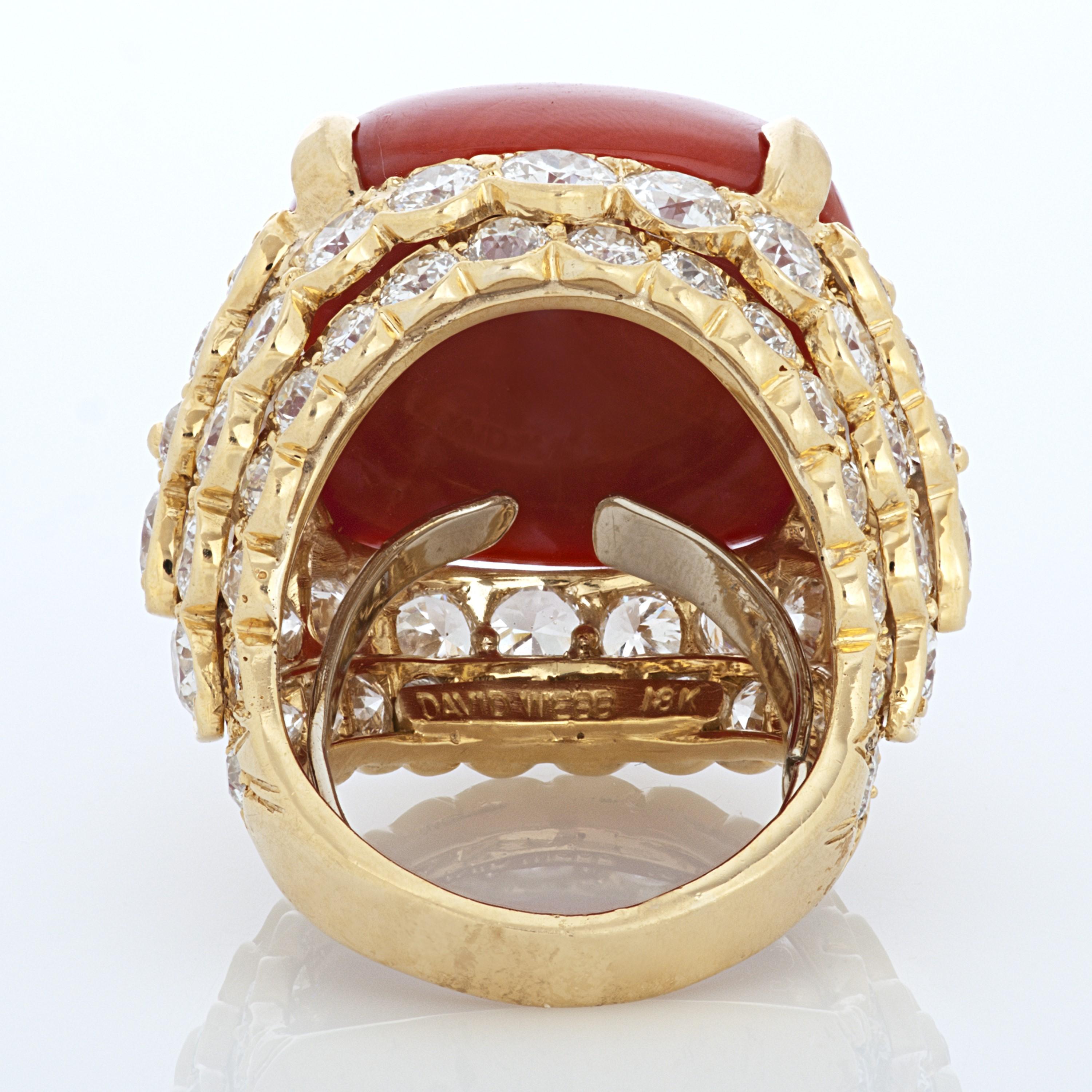 David Webb Cabochon Coral and Diamond Ring in 18 Karat Yellow Gold For Sale 2