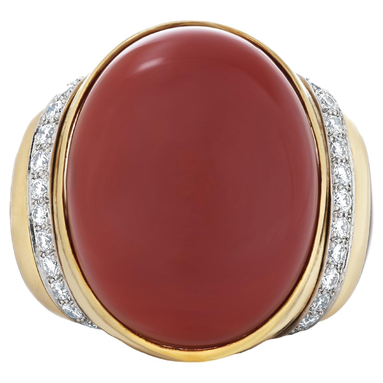 David Webb Cabochon Coral and Diamond Ring in 18 Karat Yellow Gold For Sale