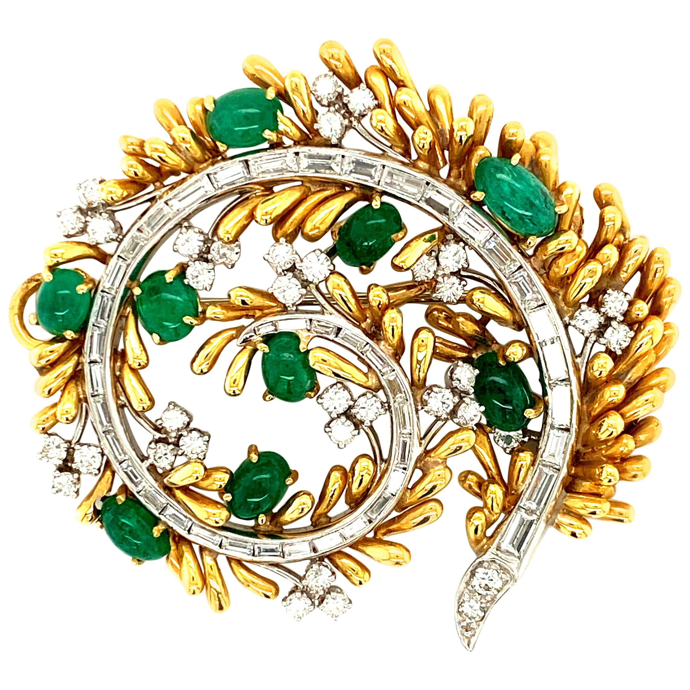 David Webb Cabochon Emerald and Diamond Tree-Motif Pendant/Brooch in 18k & Plat For Sale