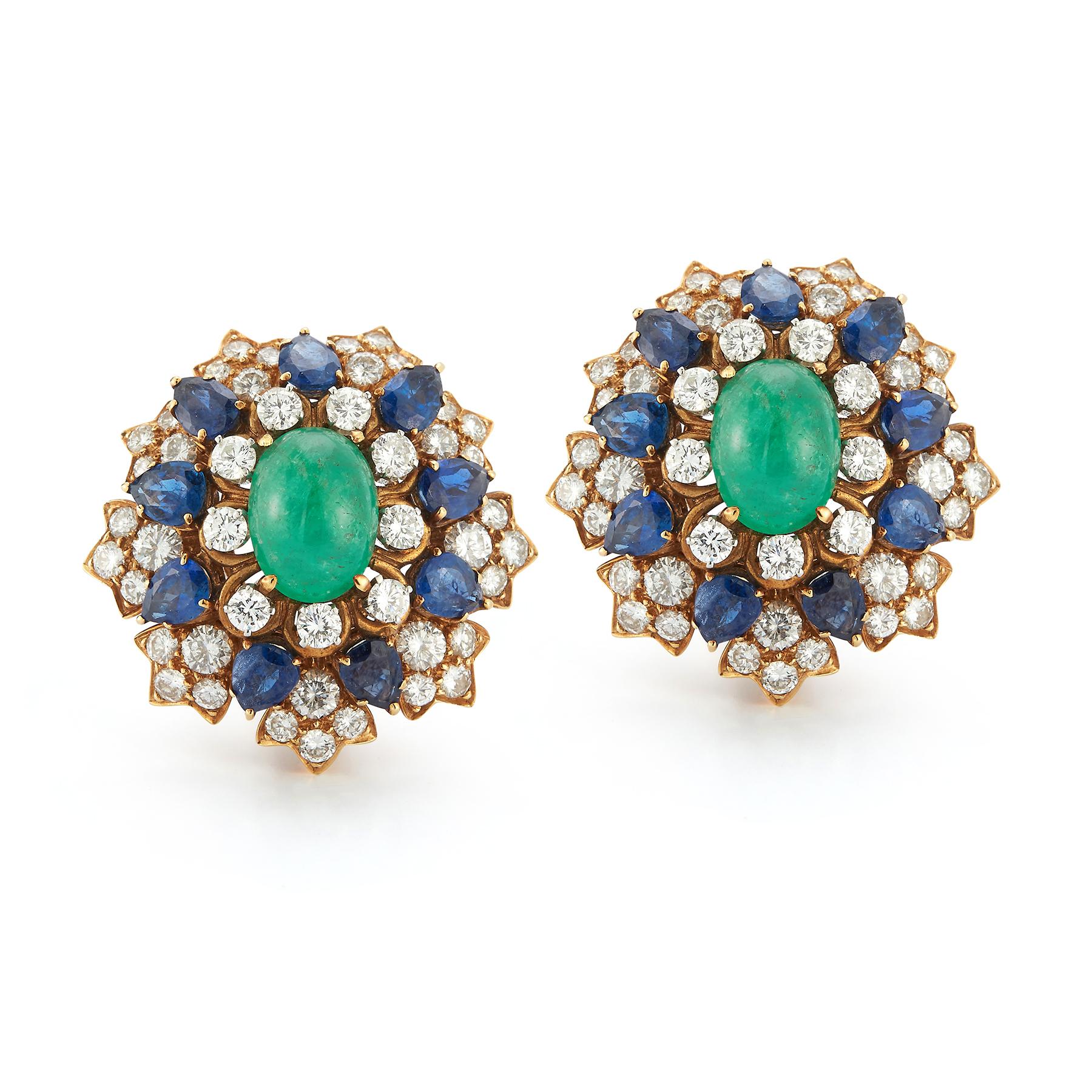 David Webb Cabochon Emerald Sapphire & Diamond Flower Earrings In Excellent Condition In New York, NY