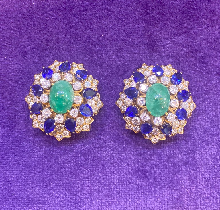 David Webb Cabochon Emerald Sapphire & Diamond Flower Earrings For Sale 2