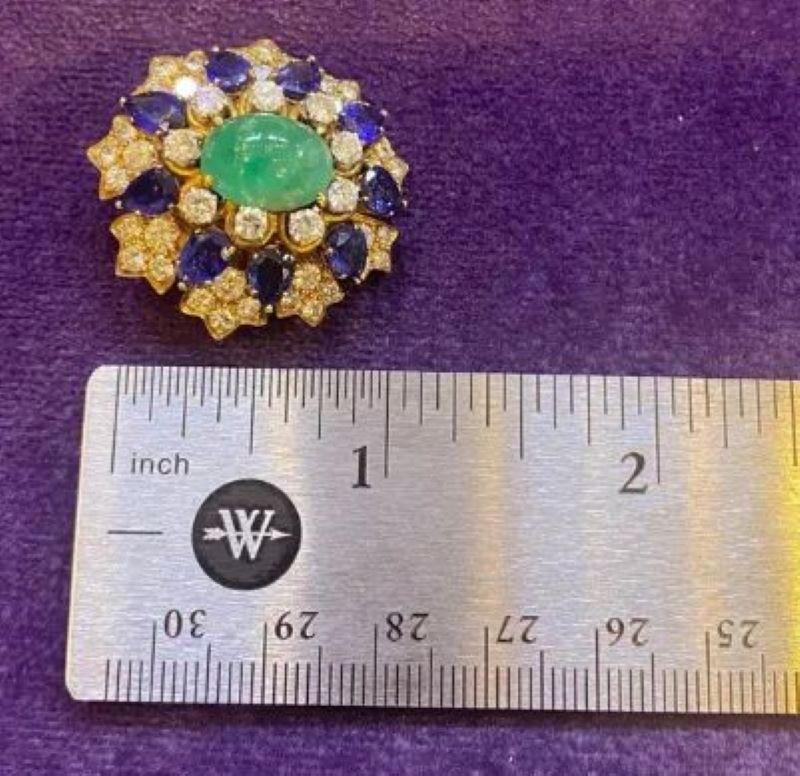 David Webb Cabochon Emerald Sapphire & Diamond Flower Earrings 4