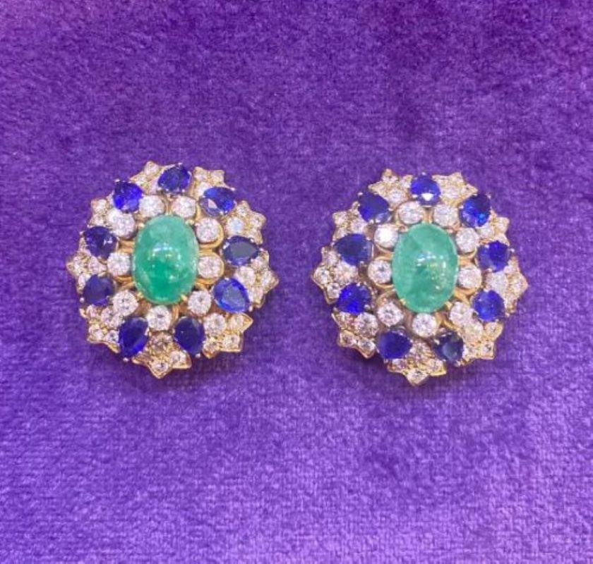 David Webb Cabochon Emerald Sapphire & Diamond Flower Earrings 2