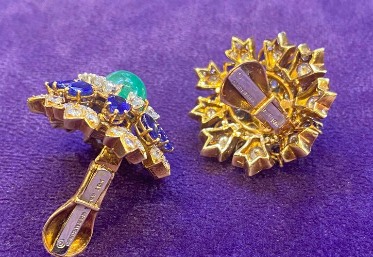 David Webb Cabochon Emerald Sapphire & Diamond Flower Earrings For Sale 3