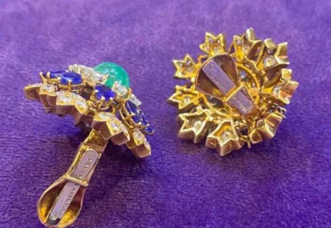 David Webb Cabochon Emerald Sapphire & Diamond Flower Earrings 3