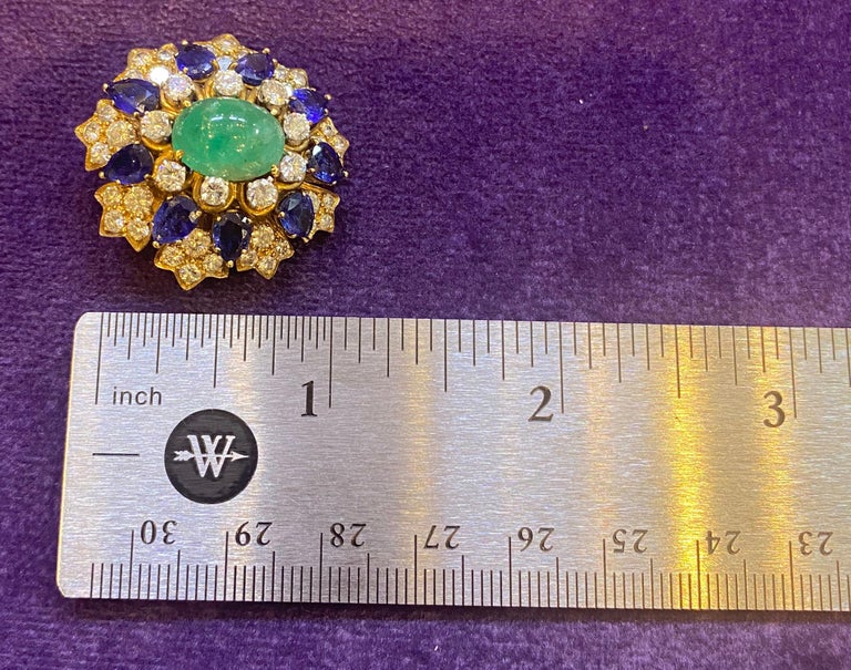David Webb Cabochon Emerald Sapphire & Diamond Flower Earrings For Sale 5