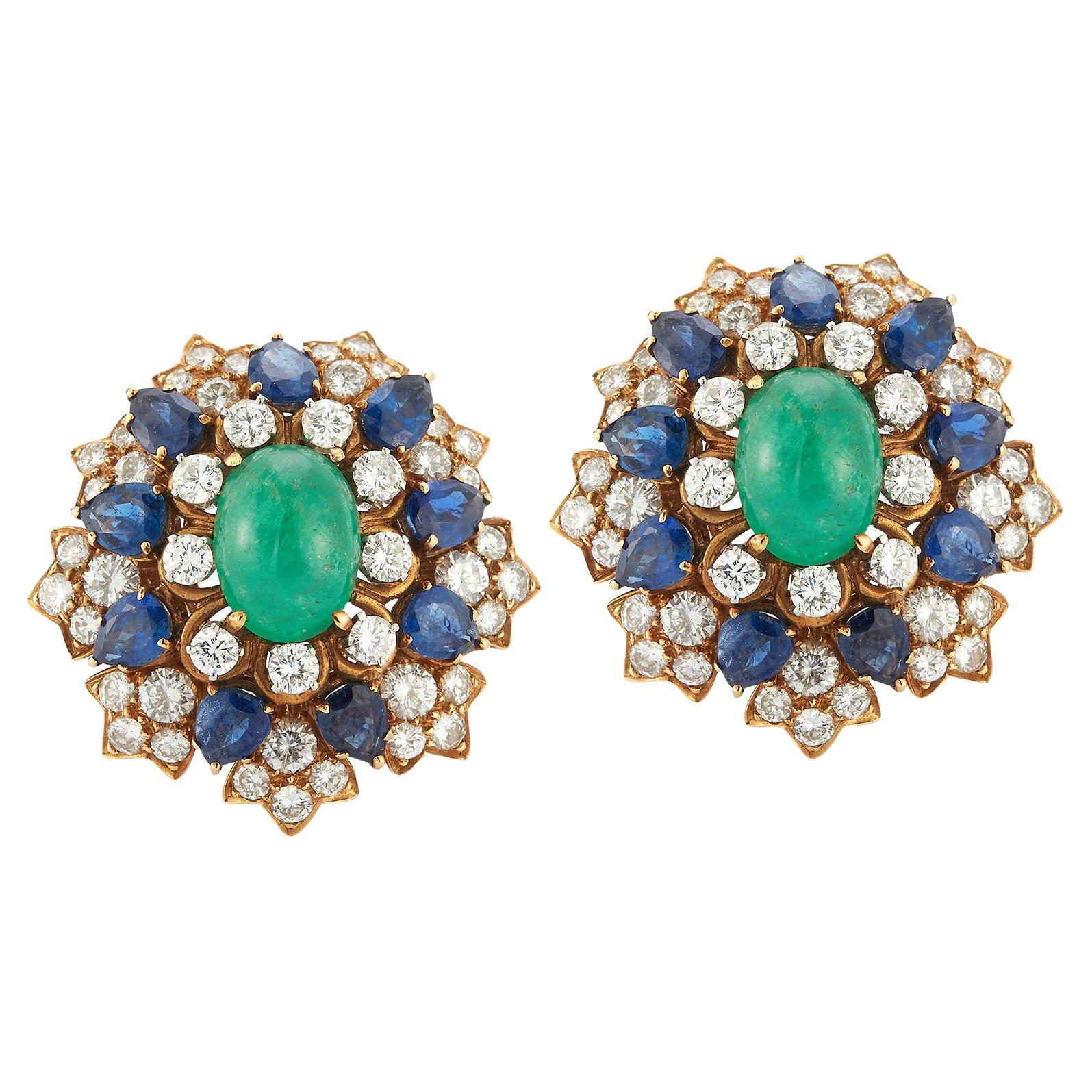 David Webb Cabochon Emerald Sapphire & Diamond Flower Earrings
