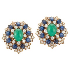 Vintage David Webb Cabochon Emerald Sapphire & Diamond Flower Earrings