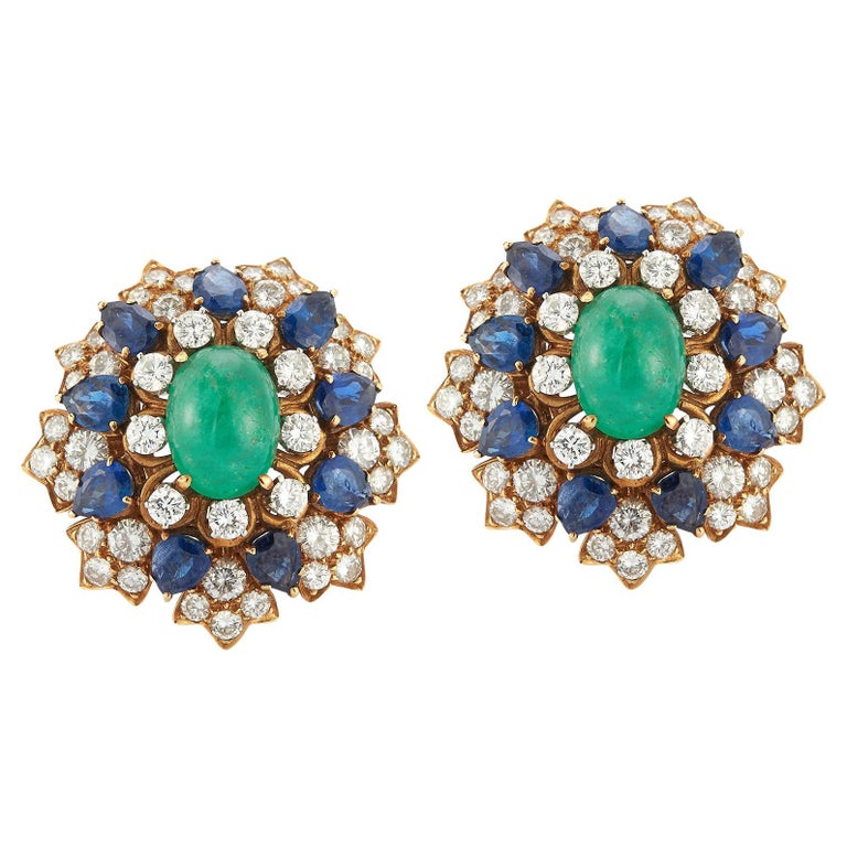 David Webb Cabochon Emerald Sapphire & Diamond Flower Earrings For Sale
