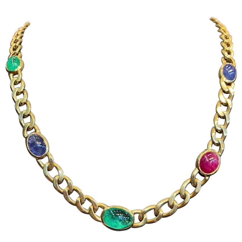 David Webb Cabochon Multi Gem Link Necklace