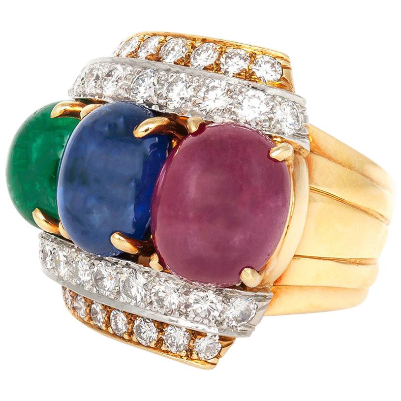 David Webb Cabochon Ruby Sapphire and Emerald Ring with Diamonds