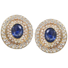 David Webb Cabochon Sapphire and Diamond Clip Earrings