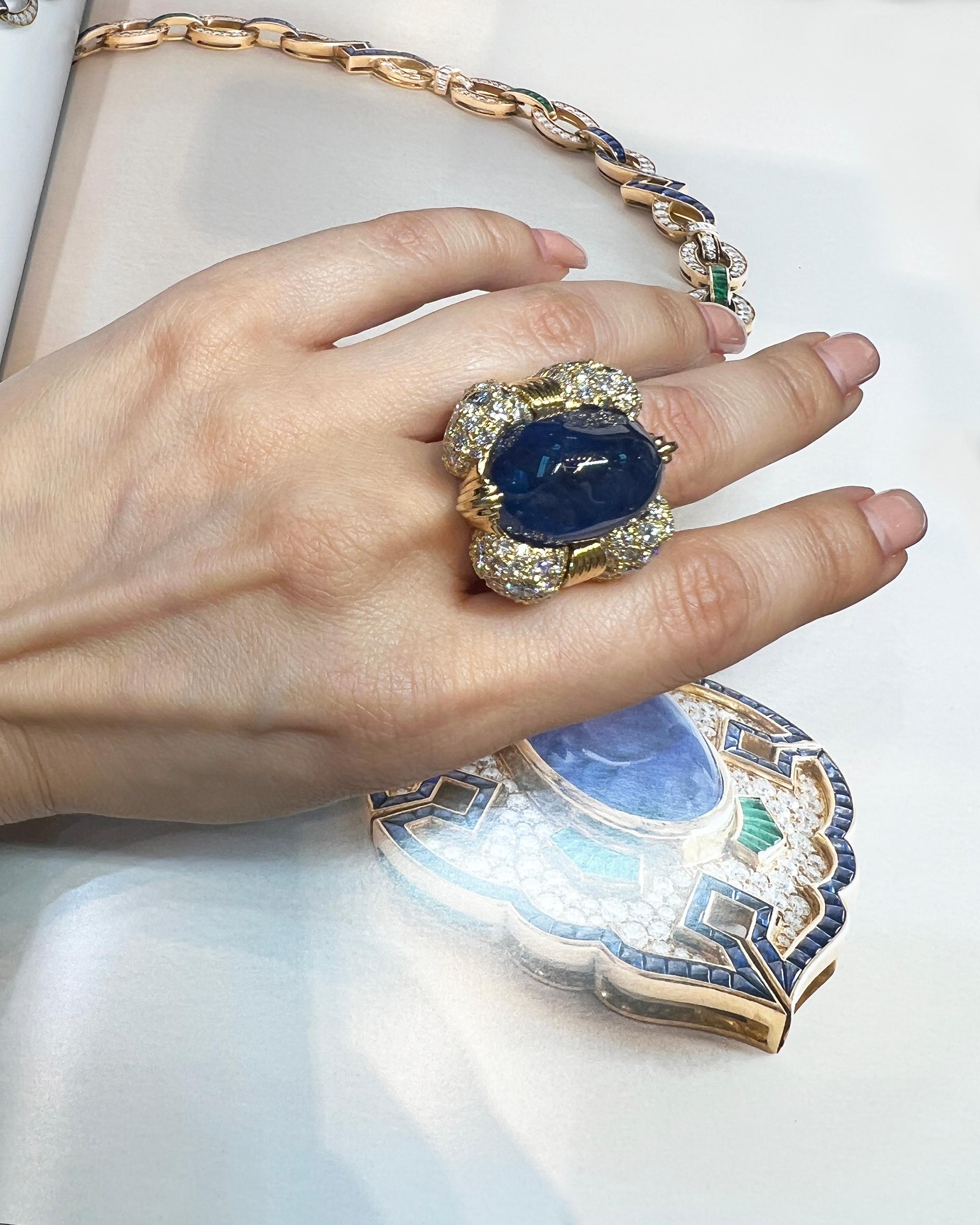 David Webb Cabochon Sapphire Diamond Ring For Sale 1
