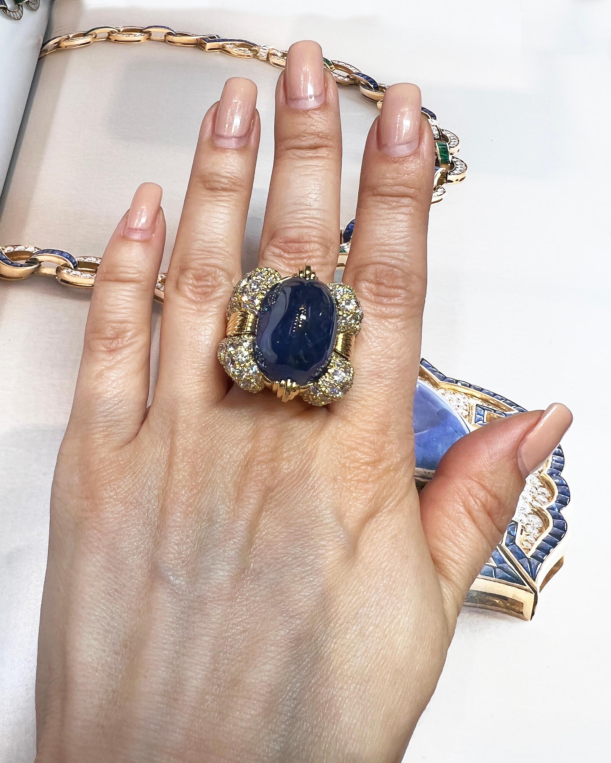 David Webb Cabochon Sapphire Diamond Ring For Sale 2