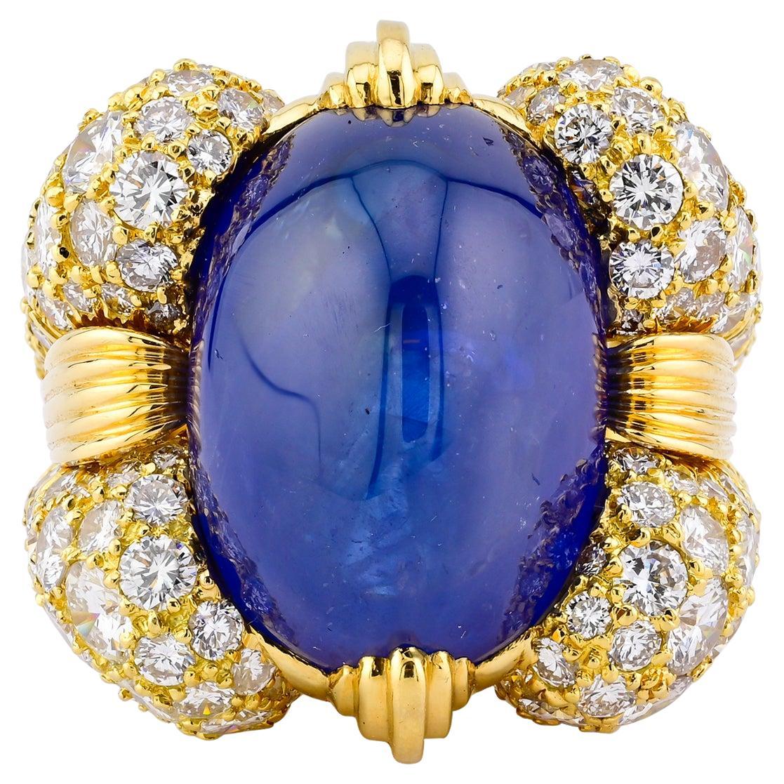 David Webb Cabochon Sapphire Diamond Ring For Sale