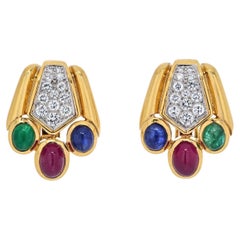 David Webb Cabochon Sapphire, Emerald And Ruby Bear Paw Earrings