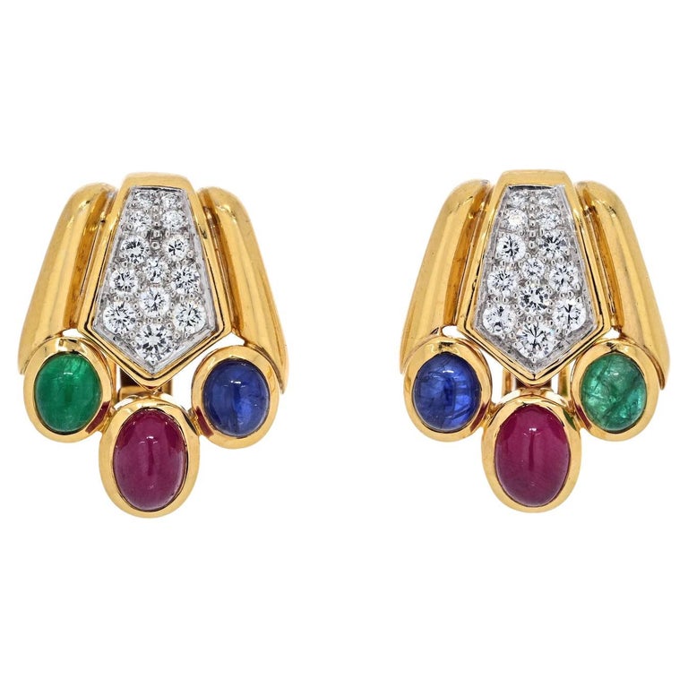 David Webb Cabochon Sapphire, Emerald And Ruby Bear Paw Earrings For Sale