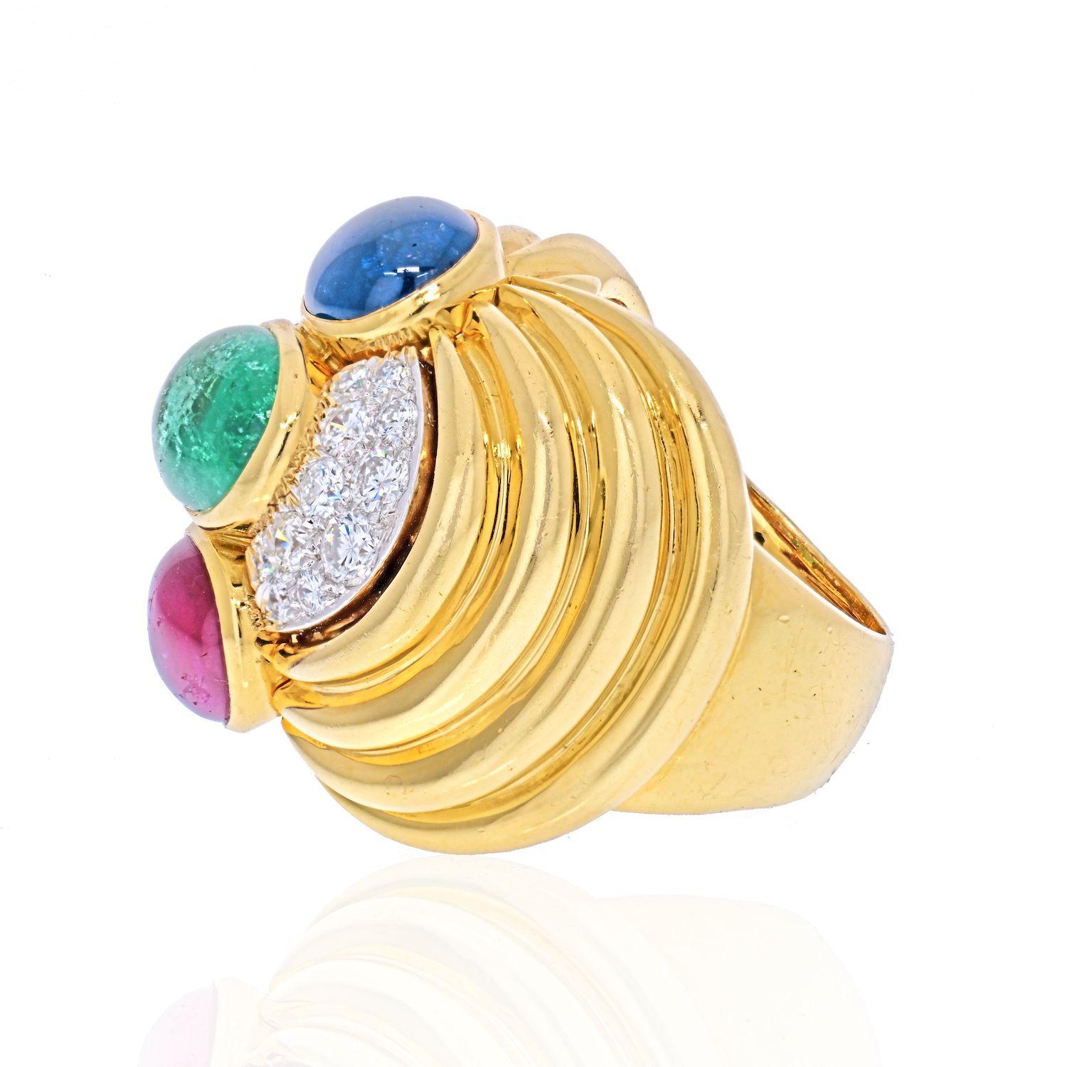Modern David Webb Cabochon Sapphire, Emerald and Ruby Ring