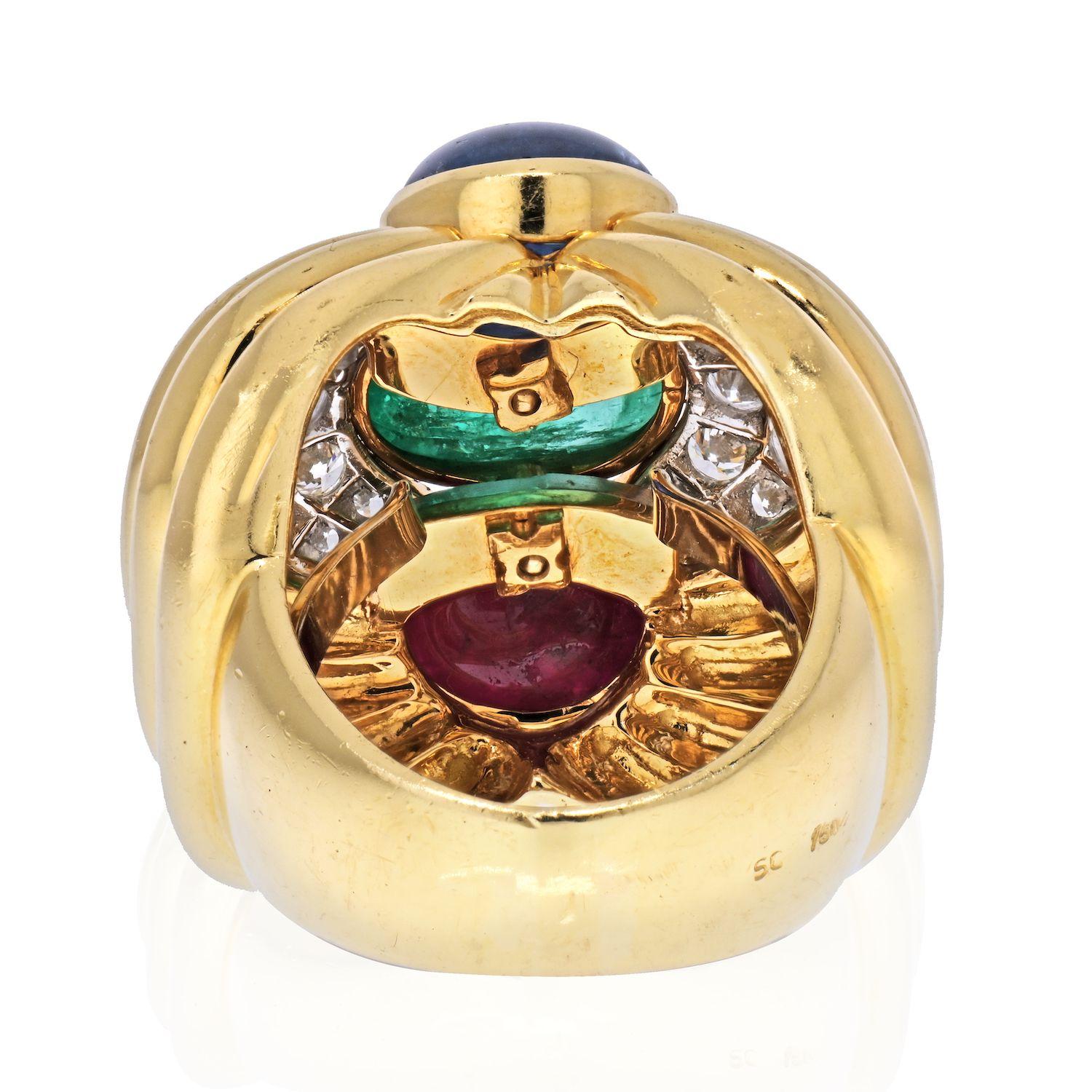 Women's David Webb Cabochon Sapphire, Emerald and Ruby Ring