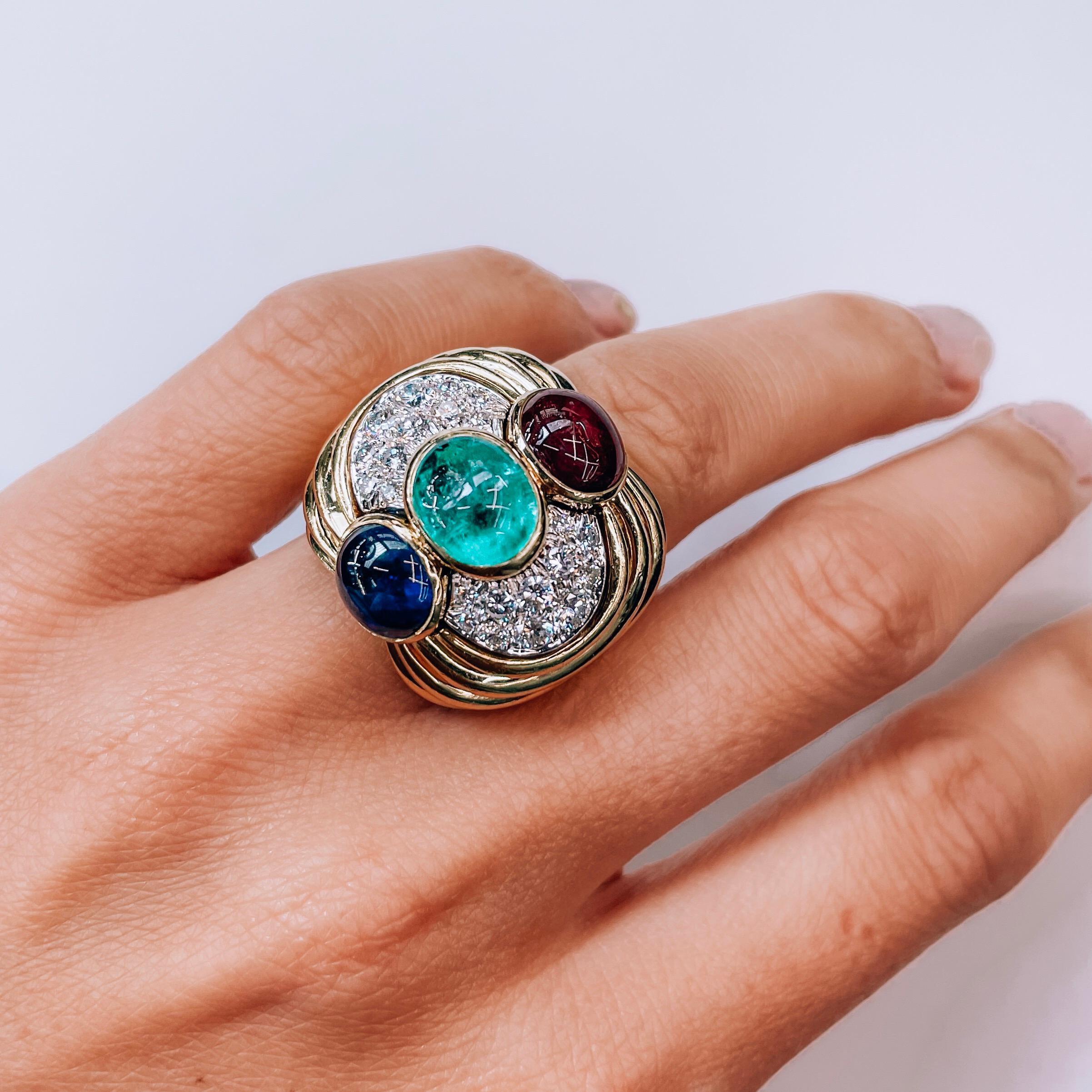 David Webb Cabochon Sapphire, Emerald and Ruby Ring 1