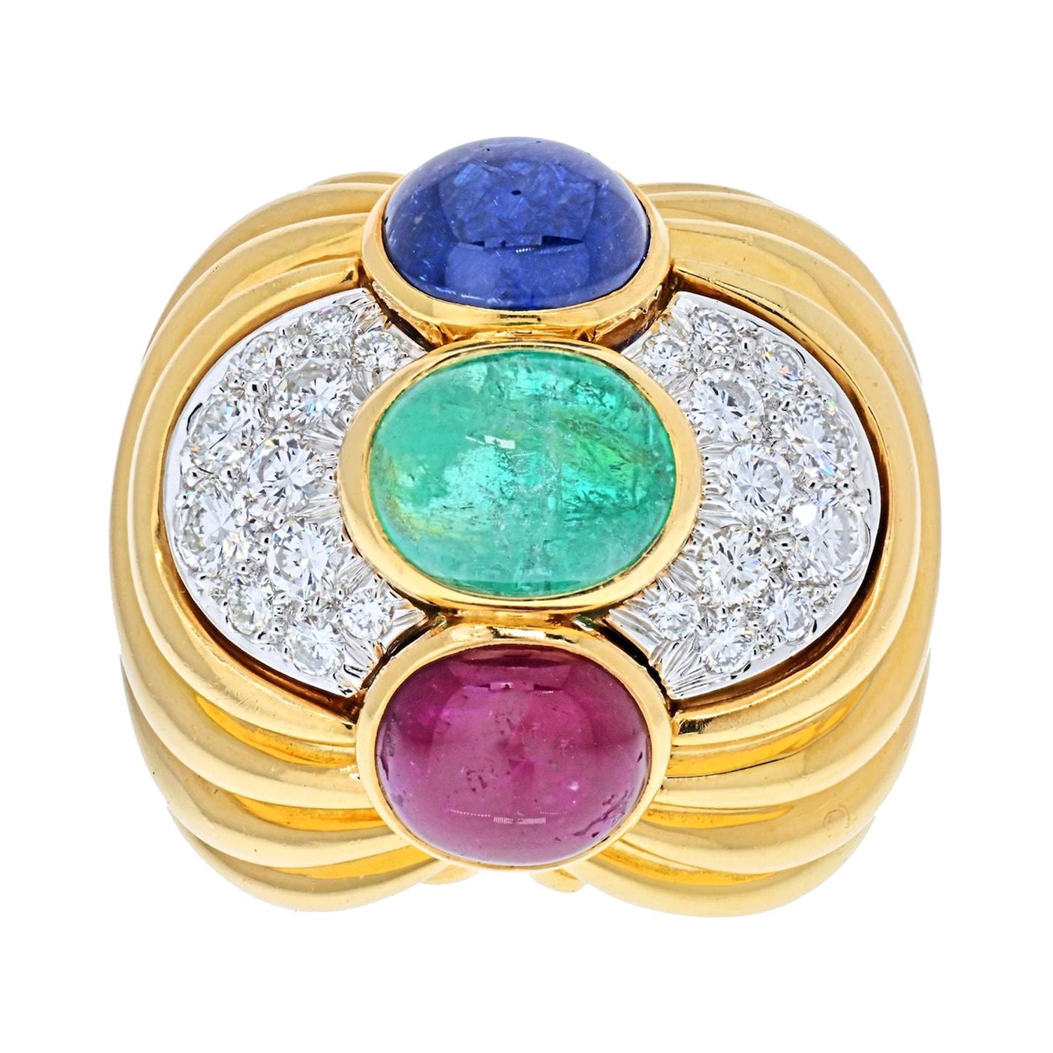 David Webb Cabochon Sapphire, Emerald and Ruby Ring