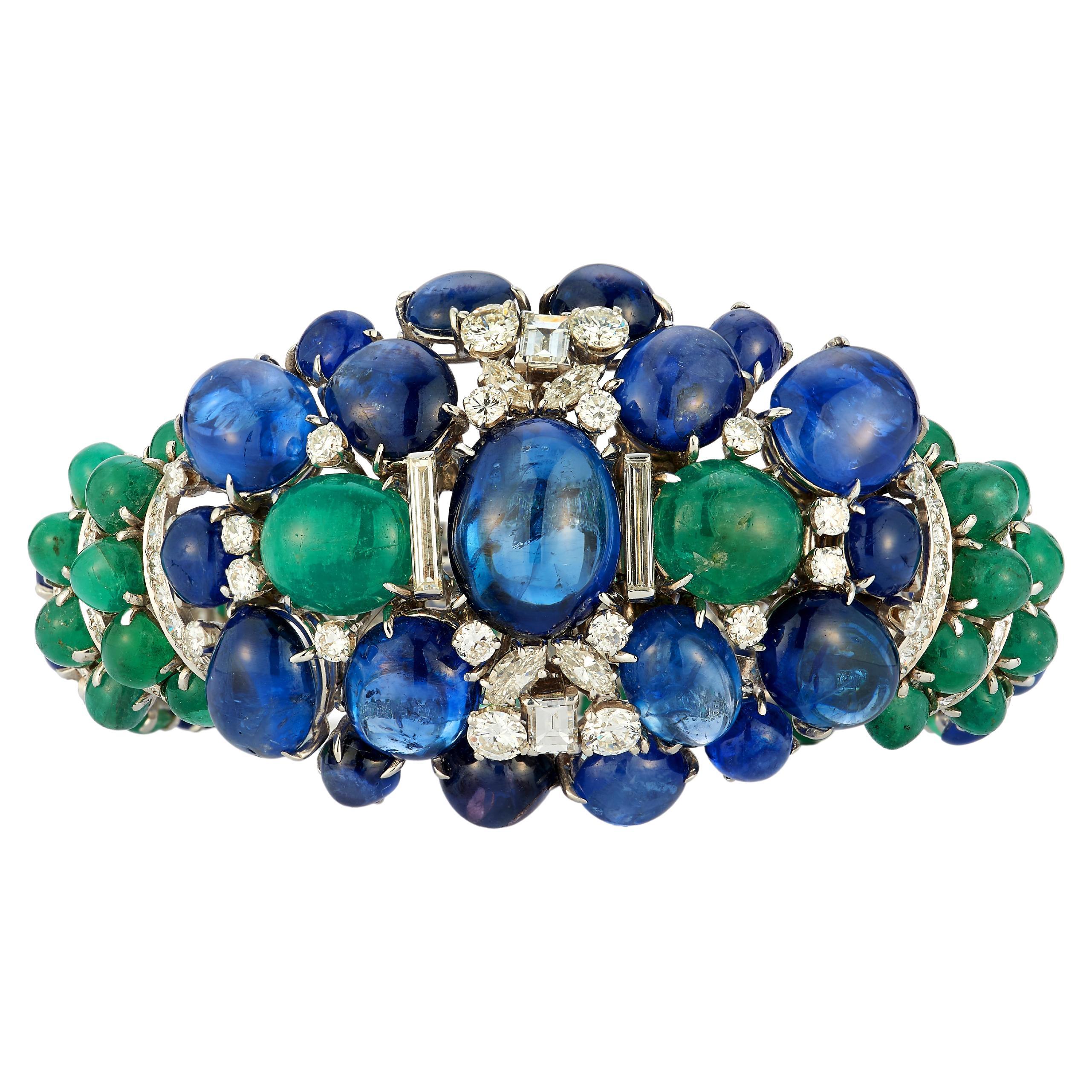 David Webb Cabochon Sapphire & Emerald Bracelet For Sale