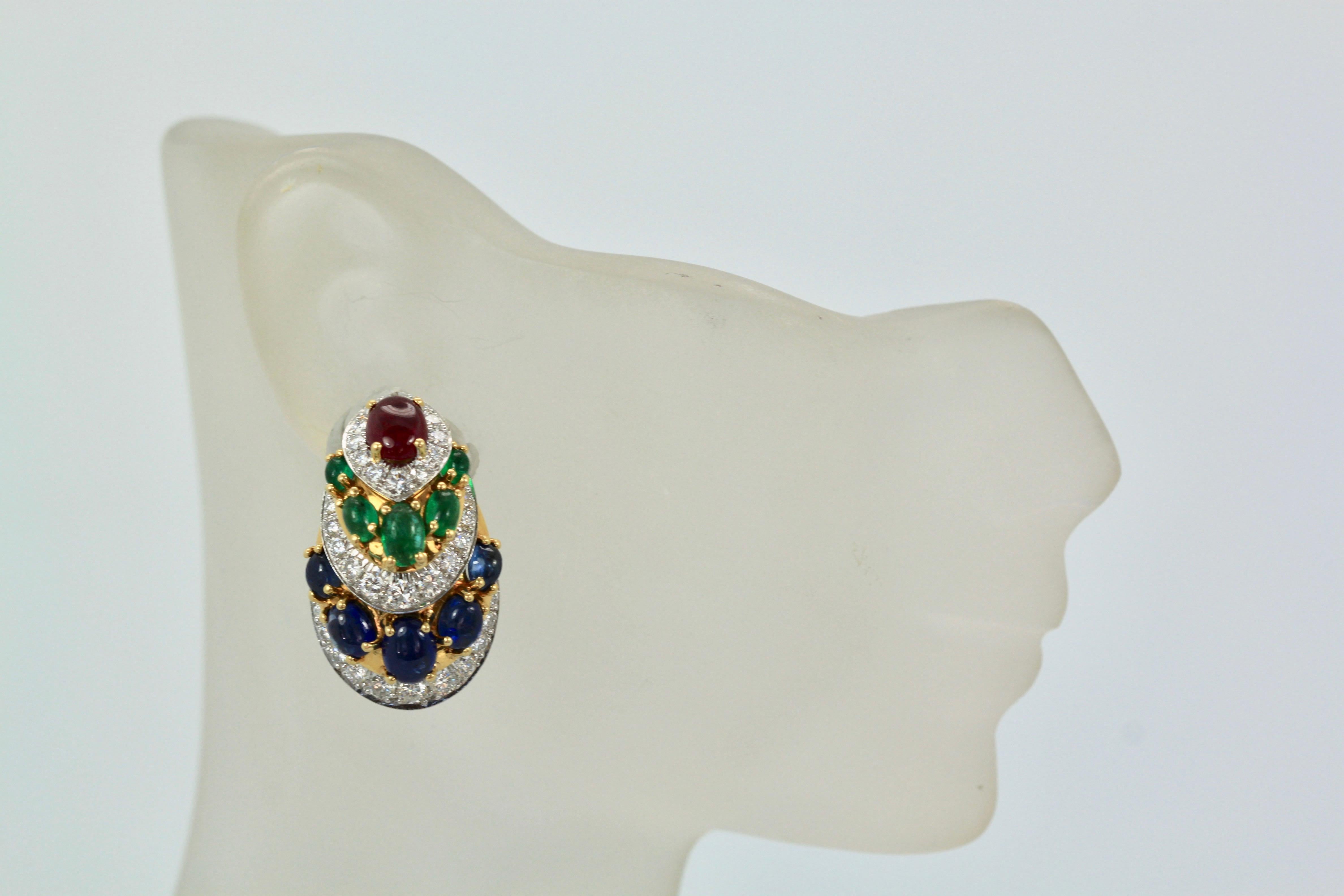 David Webb Cabochon Sapphire, Emerald, Ruby, Diamond Earrings 5