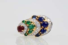 David Webb Cabochon Sapphire, Emerald, Ruby, Diamond Earrings