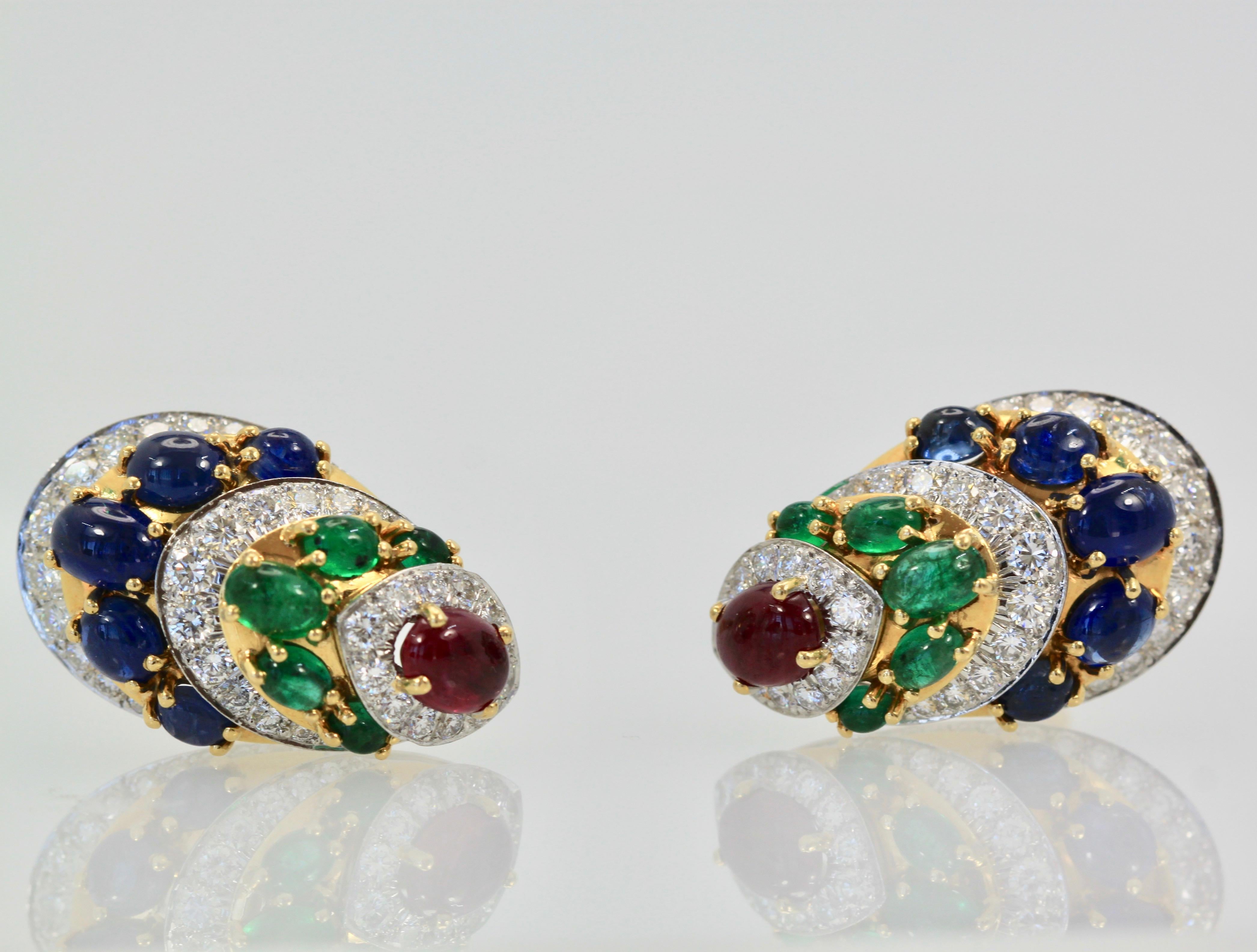Modern David Webb Cabochon Sapphire, Emerald, Ruby, Diamond Earrings