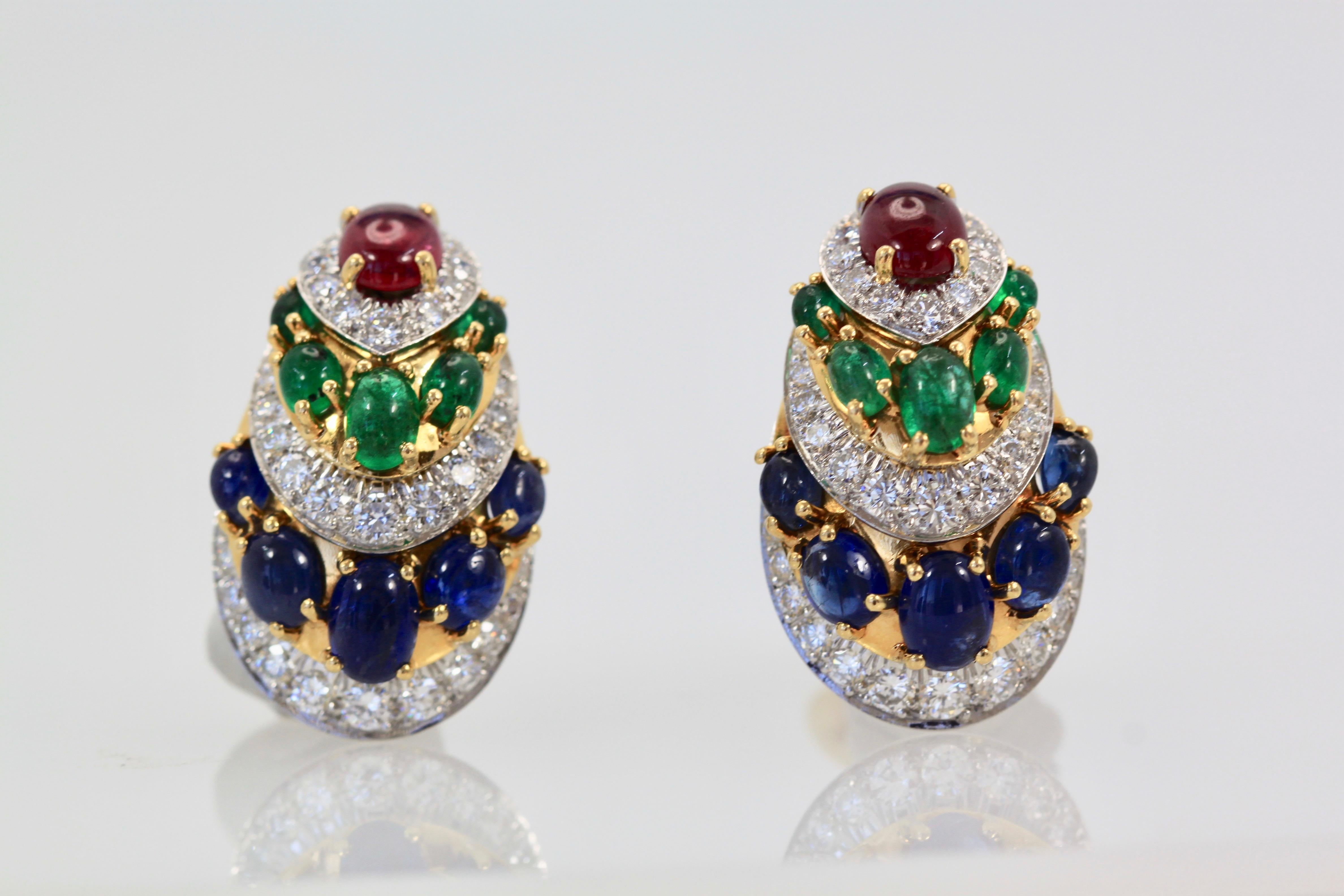 Oval Cut David Webb Cabochon Sapphire, Emerald, Ruby, Diamond Earrings