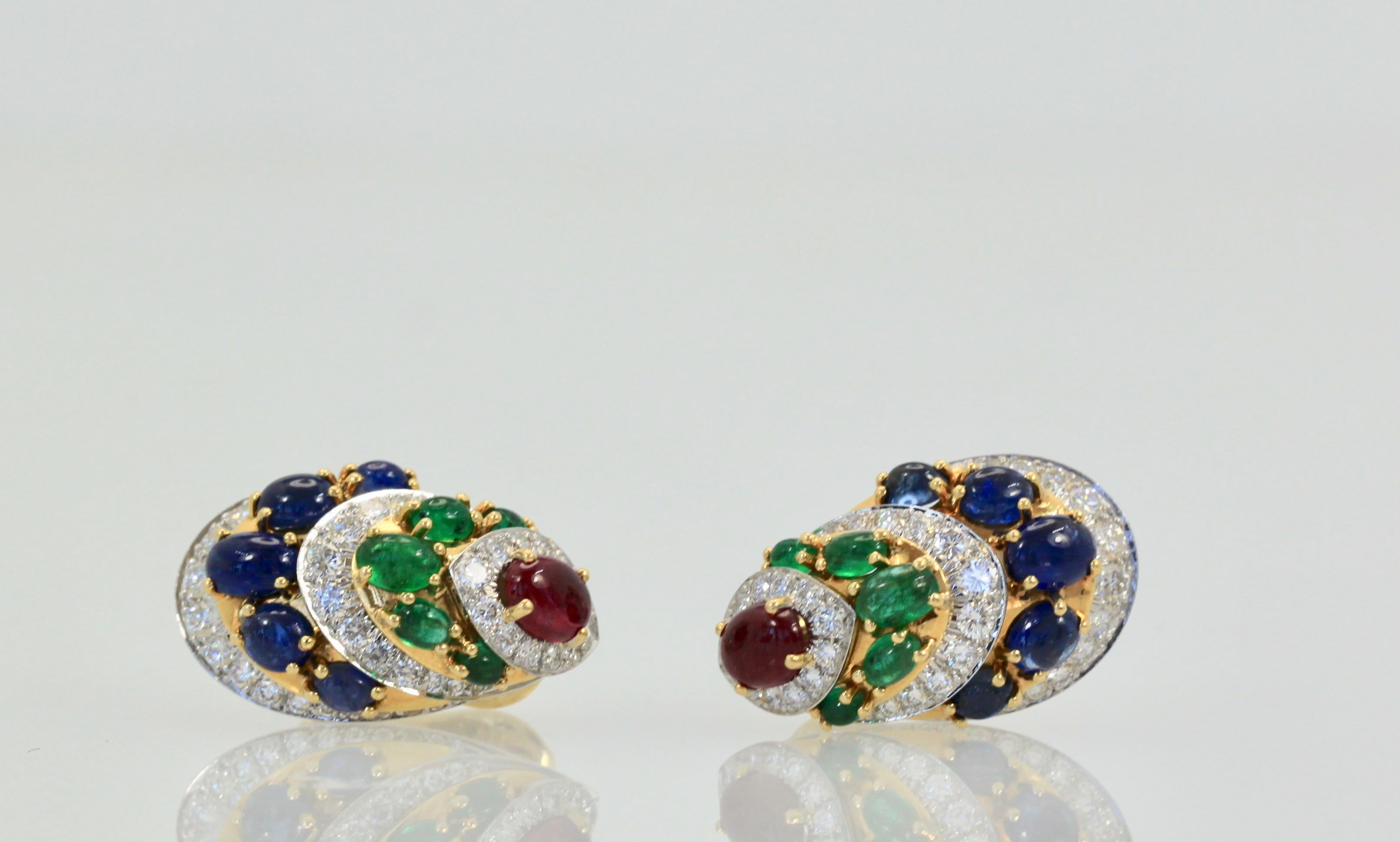 David Webb Cabochon Sapphire, Emerald, Ruby, Diamond Earrings In Excellent Condition In North Hollywood, CA
